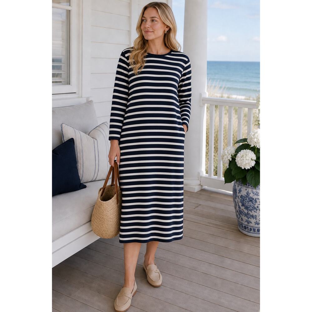 Masai Copenhagen XL Navy Cream Breton Stripe Knit Midi Dress Pockets Portugal